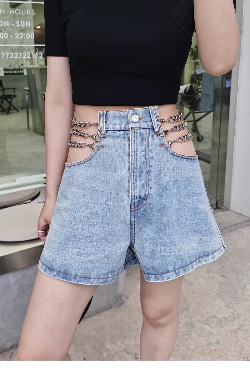 

IEQJ 2021 New Summer Fashion Women Chain Metal Spliced Waist High Denim Shorts Female Causal Girl's Hots WR09705L