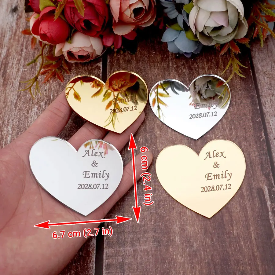 30 шт. 6 см Акриловые зеркальные маленькие сердца на заказ свадебное имя Дата