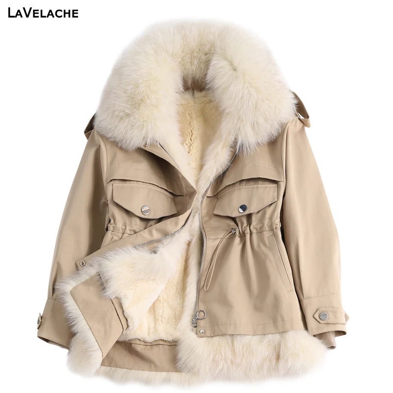 

New 2021 Luxury Real Rabbit Fur Lined Winter Jacket Women Real Fox Fur Coats and Jackets Fluffy Thick Warm Outerwear Detachable
