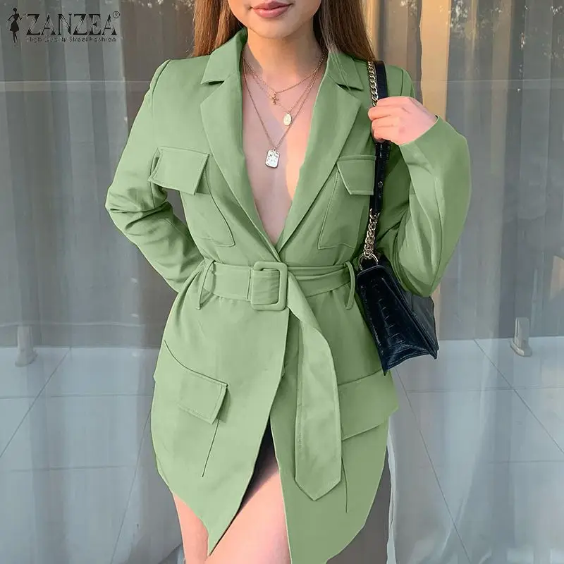 

Oversized 2021 Fashion OL Women Blazers ZANZEA Spring Autumn Elegant Long Sleeve Belted Coats Casual Solid Lace Up Loose Outwear