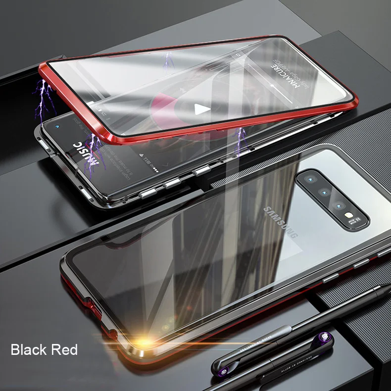 Black red Двойное магнитное закаленное стекло металлический каркас чехол для телефона для samsung Galaxy Note 8, 9, 10, S8 S9 S10 5G S10E M10 M20 M30 A80 плюс - Цвет: Black red