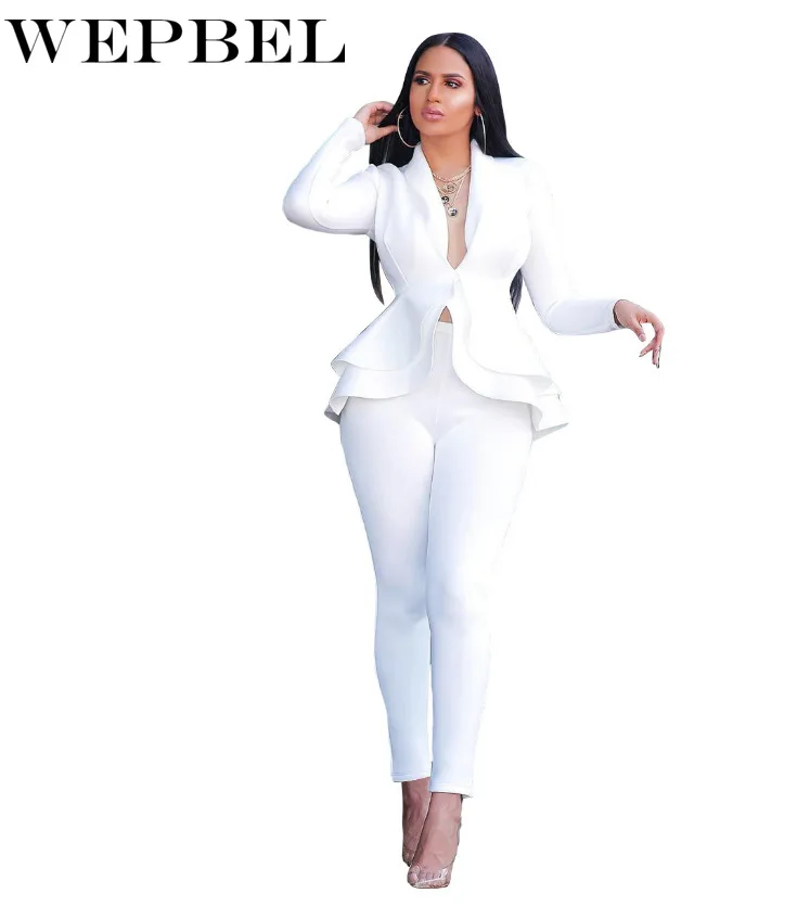 

WEPBEL Women's Set Tracksuit Full Sleeve Ruffles Blazers Pencil Pants Suit Two Piece Set Office Lady Outfit Uniform