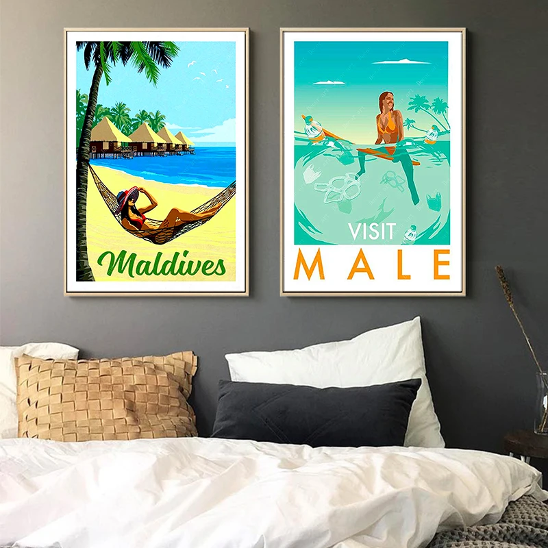 Тропический остров Мальдивы поп арт путешествия холст картины винтажные крафт