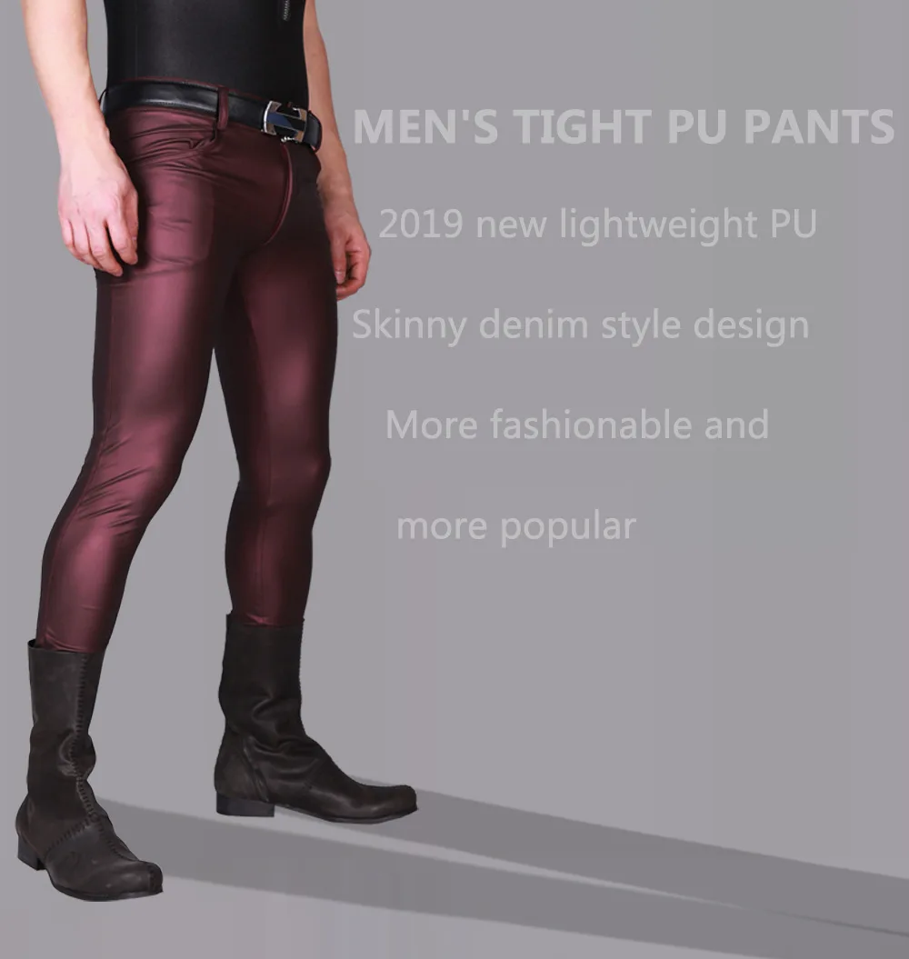 Sexy Shiny Faux Leather Pencil Pants Punk Stage Wear Elastic Tight Trousers Erotic Lingerie Gay Wear Sexy Men Pencil Pants Plus
