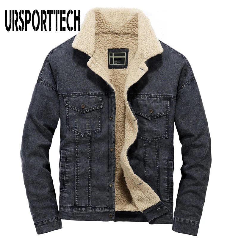 Куртка бомбер URSPORTTECH Мужская зимняя винтажная из денима имитация овечьей шерсти