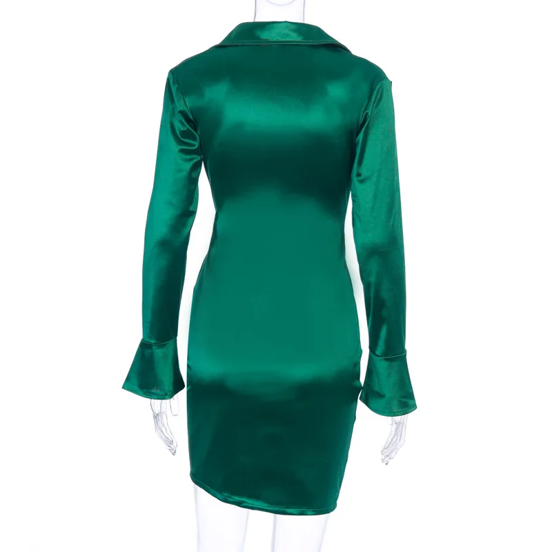 

2020 Fashion Satin Deep V-Neck Lace Up Dress Women Party Long Flare Sleeve Mini Dresses Elegant Ruched Dress Streetwear Vestidos
