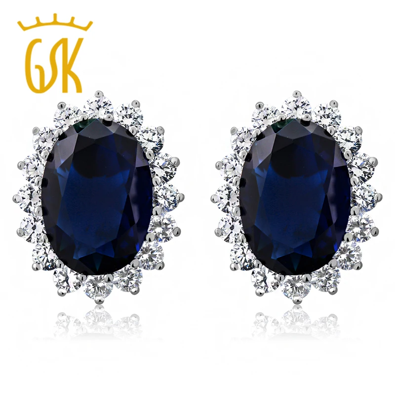 GemStoneKing Princess серьги Диана 15 00 карат Овальные Синие имитация сапфира и циркония 925