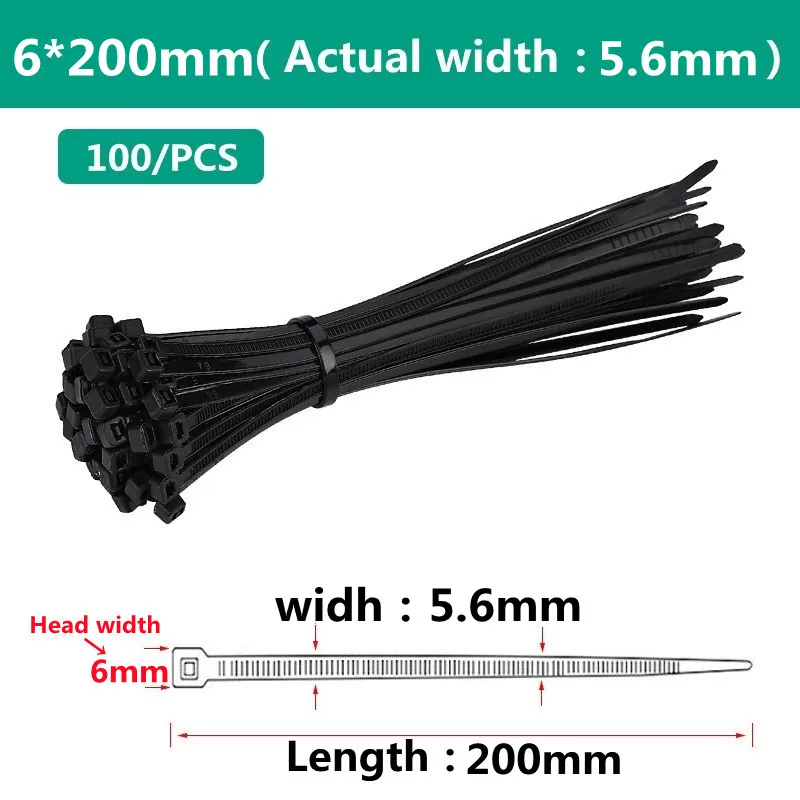 100pcs/bag Self-locking nylon plastic cable tie black zipper cable tie clamping ring 5.6mmwidth6*200/6*300