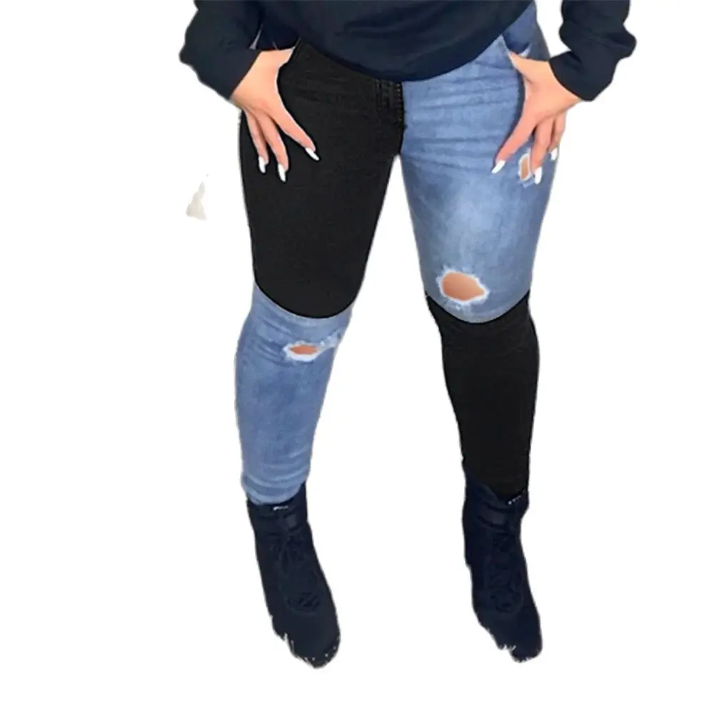 

Patchwork High Waist Hole Casual Jeans Women Stretch Skinny Slimming Sexy Ripped Color Block Lady Denim Pencil Pants Trousers