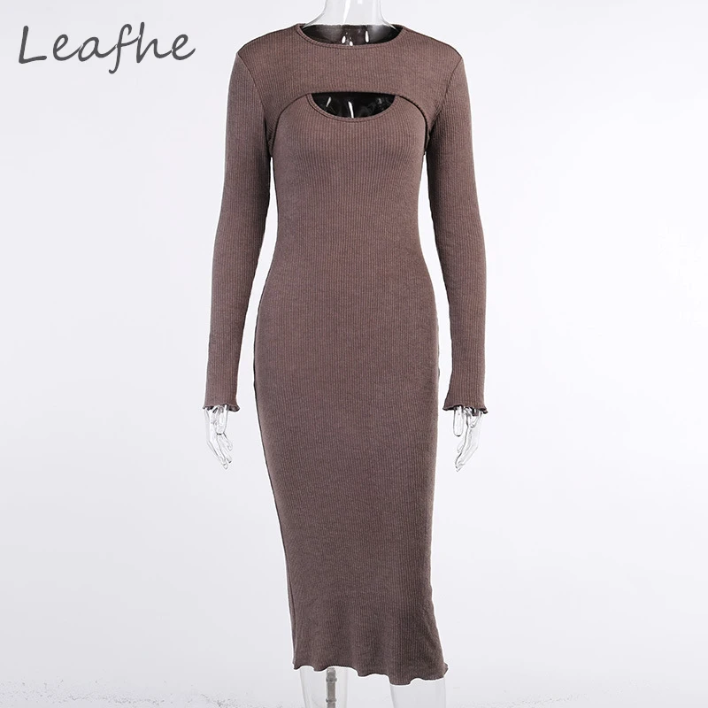 

Sexy Chest Hollow Out Party Club Midi Dress Chic Women Sling Dress And Shawl 2 Piece Set Casual Solid Rib Long Sleeve Streetwear