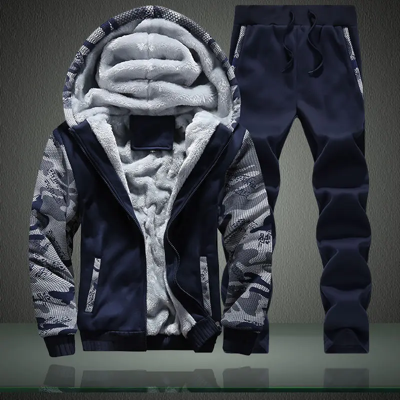 

Winter Hoodie Sets Men Fashion Fleece Camouflage Hoodies Black Brand Pants Casual Jogger Suit Tracksuit Sweatshirt Men Pullover