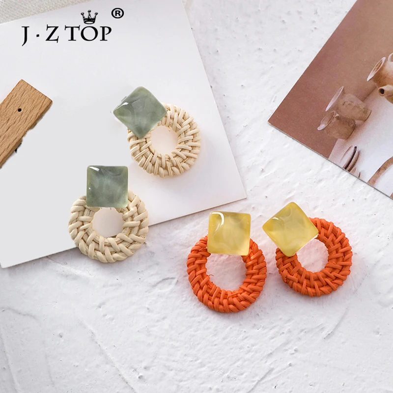 Модные серьги капли в богемном стиле круглые плетеные из соломы для женщин
