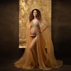 Блестящие тюлевые платья цвета шампанского с блестками для беременных женщин для фотосессии накидка с рукавами и V-образным вырезом платье для беременных с перьями
