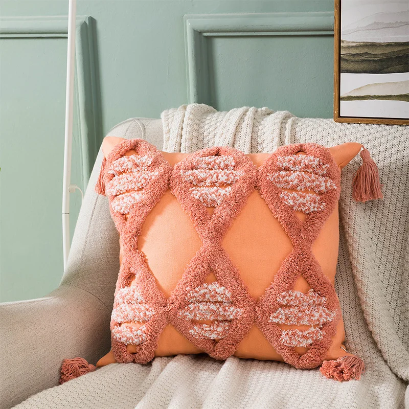 

45cm*45cm Moroccan style Cushion Cover With Tassel Throw Cotton Canvas Cushion Cover Tufted Embroidery Home Pillowcover 40830