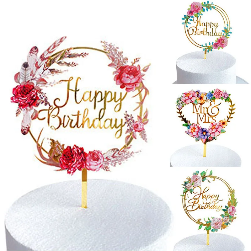 

Fashion Flowers Happy Birthday Cake Topper Golden Acrylic Party Dessert Decoration for Baby Shower Baking Supplies