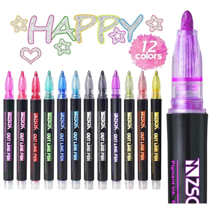 

8/12 Colors Plastic Double Lines Art Markers Out line Pen Stationery Art Drawing Pens for Calligraphy Lettering Scrapbooking