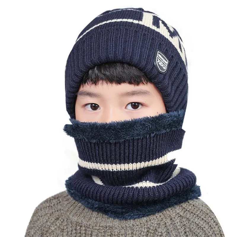 Детский Зимний вязаный комплект из шапки и шарфа теплая плюшевая шапка для