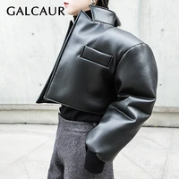 galcaur vintage pu leather jacket for women lapel collar long sleeve thick short black coat female 2020 autumn fashion clothing