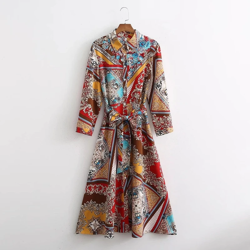 

Women Midi Dress With Belt Spring 2022 New Fashion Long Sleeve Printed Clothes Female Casual Midi-Calf Vestido