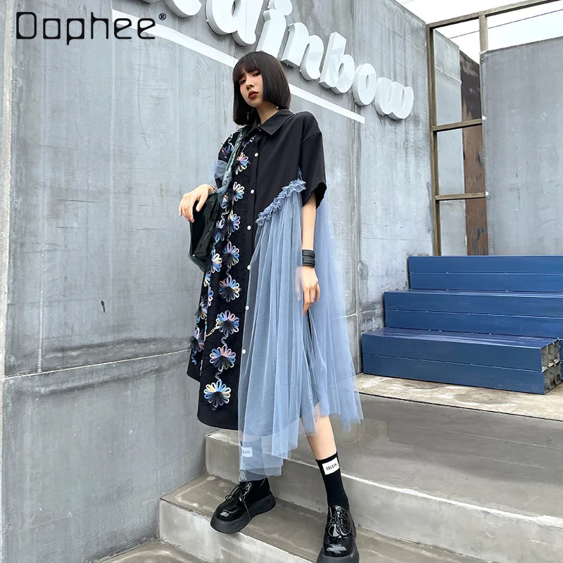 

2021 летнее модное Сетчатое женское платье-рубашка средней длины с коротким рукавом в уличном стиле