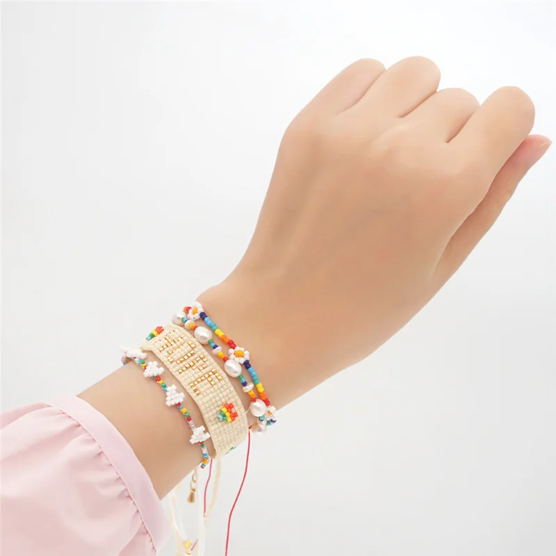 Fashion Boho Fresh Summer Rainbow Flower Seed Beads Bracelet For Women Braided Rope Pearl Beaded Miyuki Bracelets Female Jewelry |