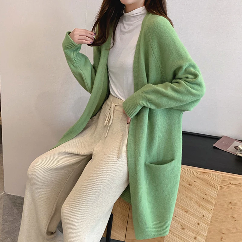 

Вязаный свитер средней длины, кардиган, Женская осенне-зимняя новая свободная Корейская зеленая кофта с длинным рукавом, верхняя одежда, ка...