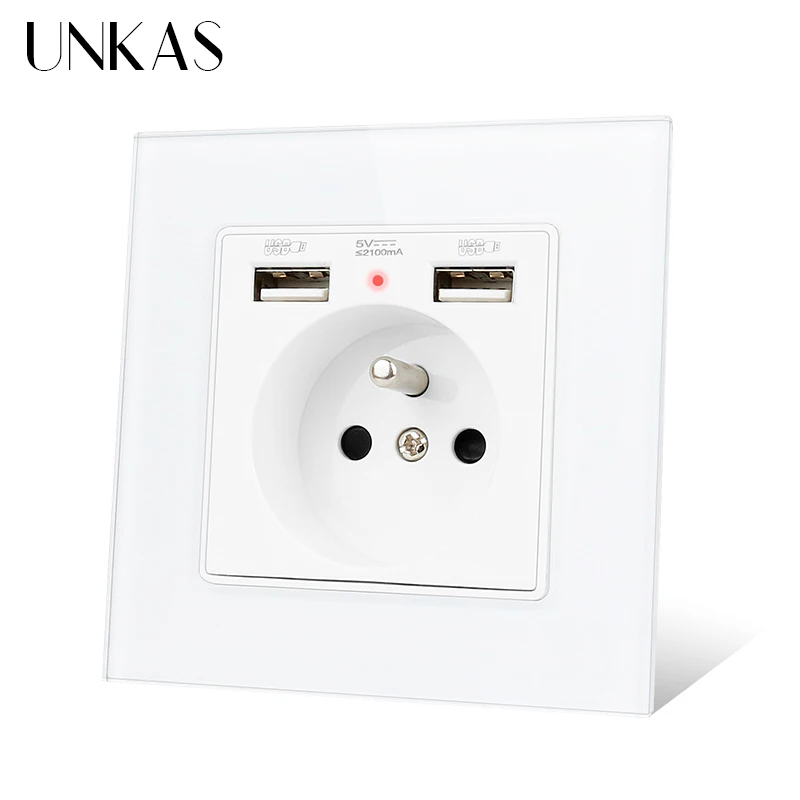 UNKAS Gray Crystal Glass Panel French Power Socket With Dual USB Port Grounded 16A Hidden Soft LED Indicator Electrical Outlet |