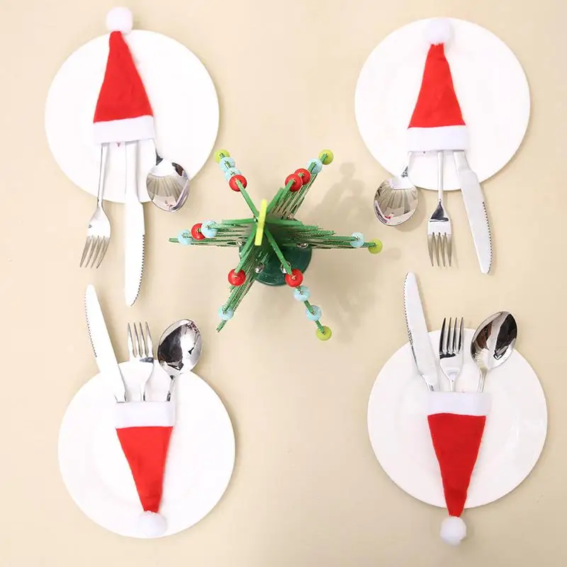 

2/4/6Pcs Christmas Santa Hats Silverware Holders Bags Mini Bottles Cover Cutlery Fork Spoon Knife Storage Bag Tableware Xmas
