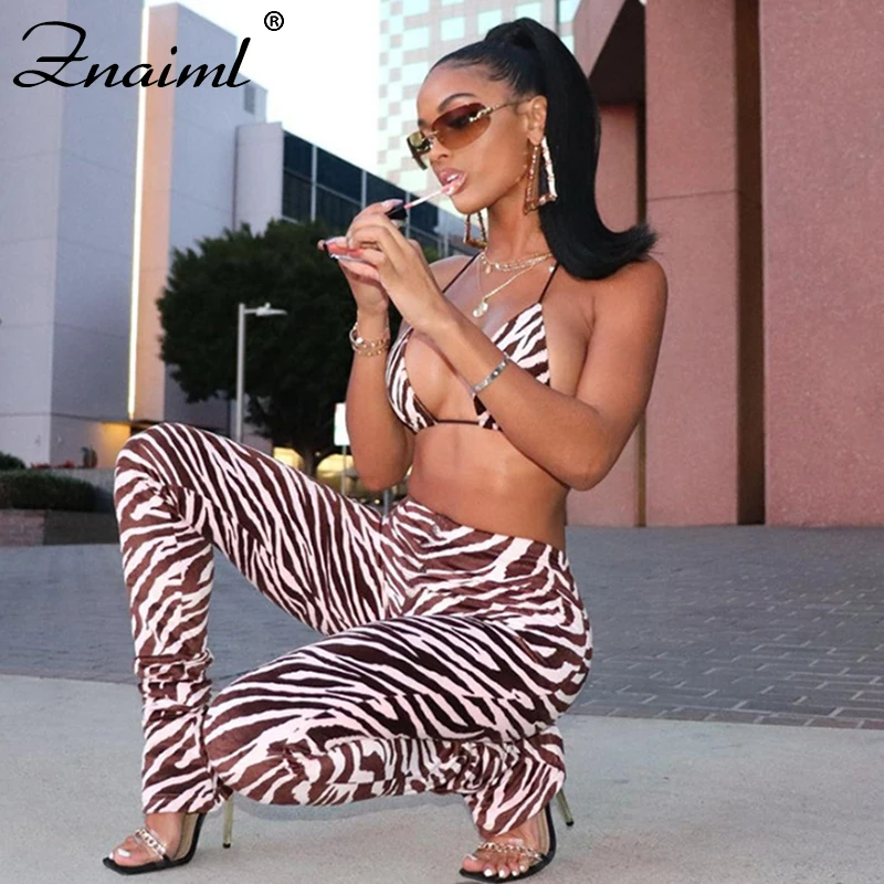 

Znaiml Sexy Party V Neck Zebra Stripe Printed Bra Tops Long Pants Two Pieces Set Women 2021 Female Clothing Streetwear Outfit