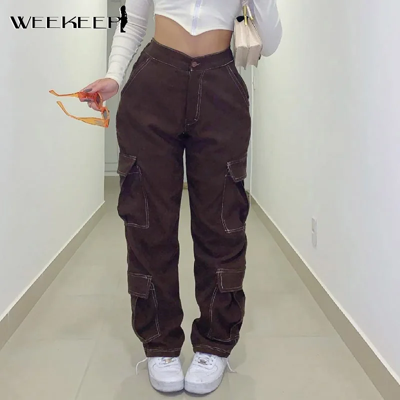 

Weekeep Vintage Brown High Waist Cargo Pants Women Fashion Big Pockets Patchwork Baggy Denim Jeans Harajuku Trousers Streetwear
