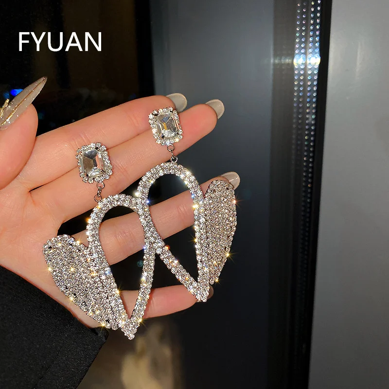 

FYUAN Shiny Geometric Crystal Drop Earrings for Women Hollow Heart Dangle Rhinestone Earrings Weddings Jewelry Accessories