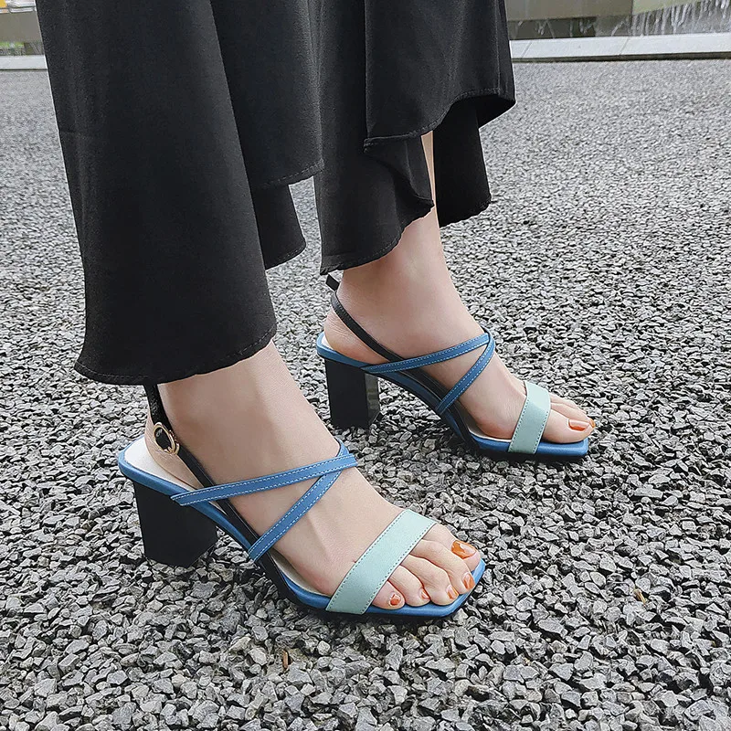 

MEMUNIA 2020 top quality genuine leather sandals women shoes buckle mixed colors square high heel summer party sandals ladies