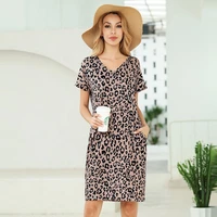 spring and summer new european and american short sleeved printing v neck pocket t shirt dress printing explosive leopard print