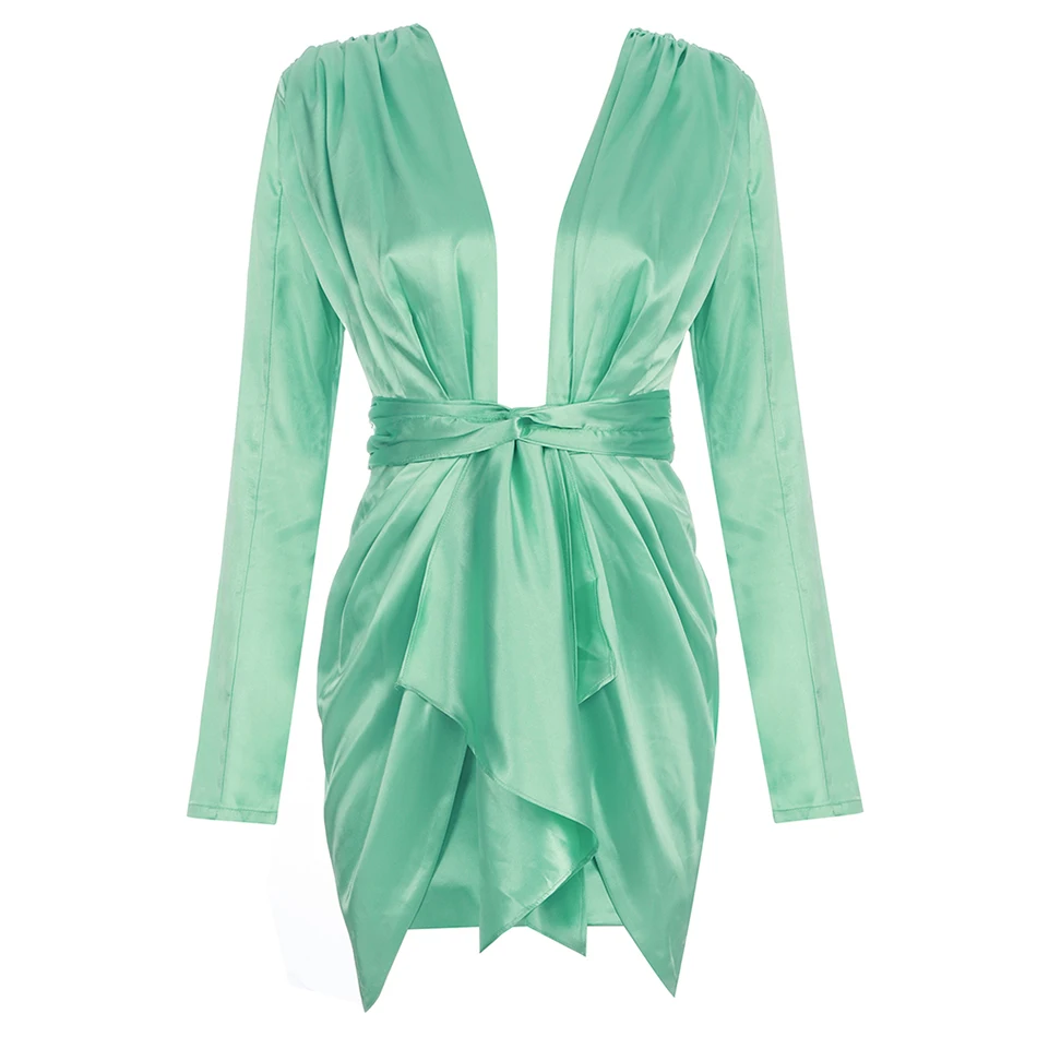 

Long Sleeve Mint Green Irregular Mini Dress Vestidos Autumn Women'sDress Celebrity Party Sexy Bodycon Deep V-neck