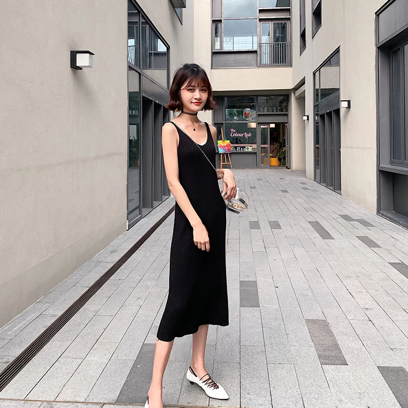 

women's knitted sleeveless solid elastic soft v-neck basic shirt spilt female summer dresses