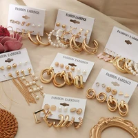 geometric statement gold metal pearl earrings set for women fashion circle hoop acrylic party drop earrings vintage jewelry gift