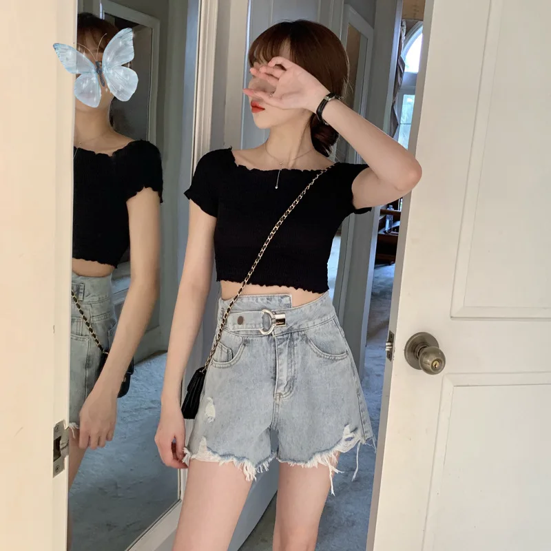 

Popular New Product In 2020: Net Red, Same Metal Button, High Waist, Wide Leg, Thin, Casual and Perforated Jeans Shorts, Female