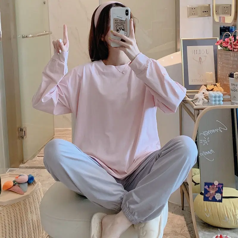 SOUGEN Pajamas for Women's Spring and Autumn Long-sleeved Trousers Cotton Two-piece Casual Simple Style Home Service Nightwear