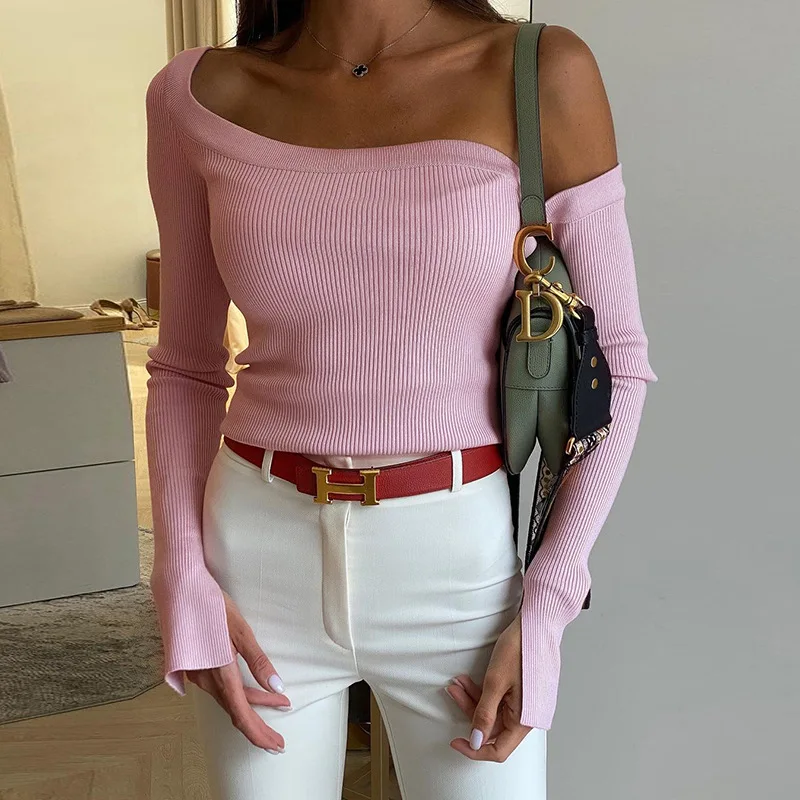 

Sexy Off Shoulder Slim Solid Blouse Women Elegant Skew Collar Long Sleeve Top Lady Knitted Autumn Spring Shirt Roupas Femininas