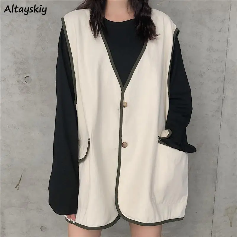 

Vests Women Loose Simple All-match Spring Korean Style Female V-neck Causal Solid Students Outwear Ulzzang High Street Kawaii