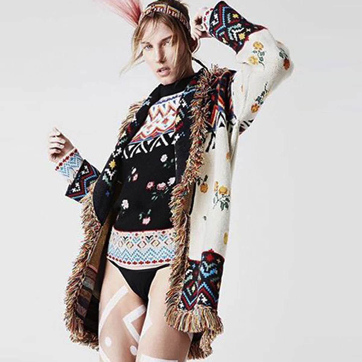 Jastie ретро жаккардовый кашемировый кардиган шерсть кисточка женский свитер