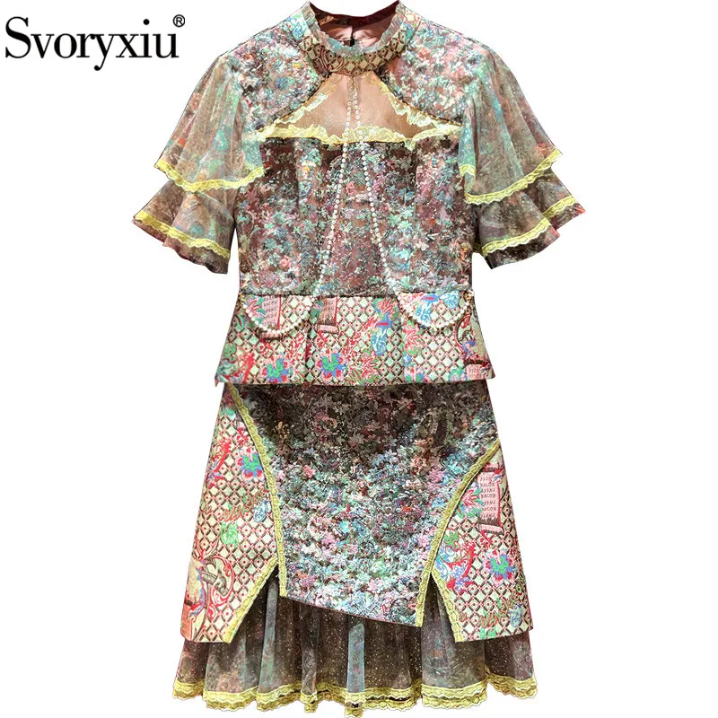 

Svoryxiu Designer Fashion Summer Vintage Skirt Suit Women's Lace Embroidery Beaded Short Sleeve Blouse + Skirt Two Piece Set