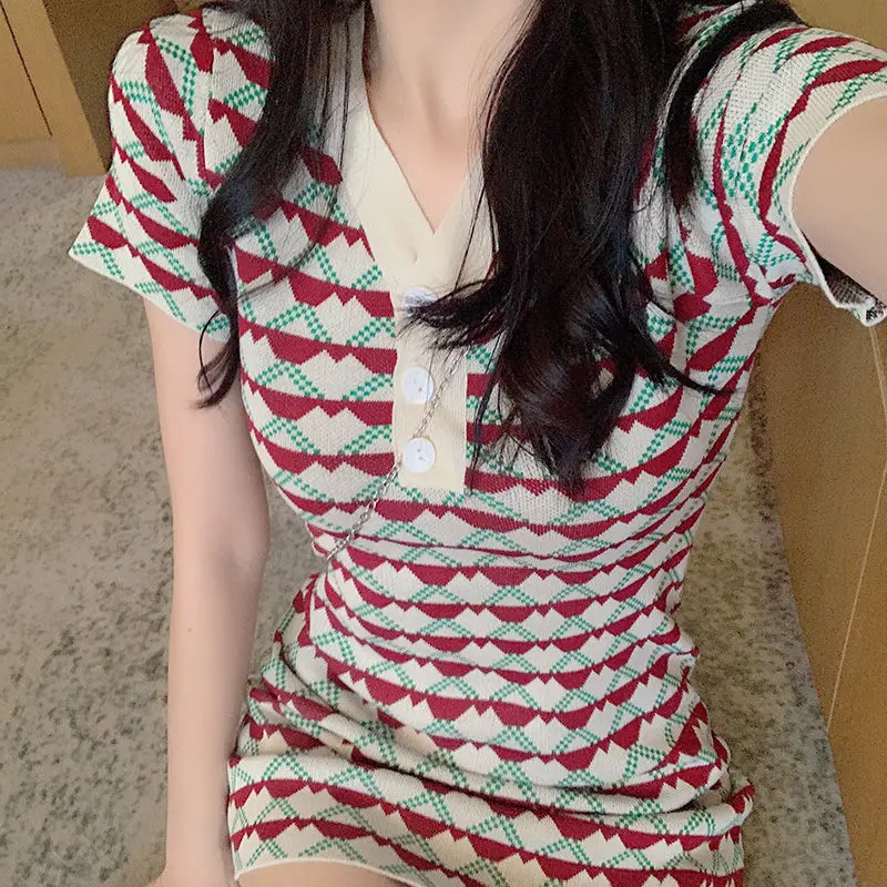 

2020 Fashion WOMEN V Neck Knit Bodycon Dresses Casual Sexy Printed Dresses Holiday Beach Vestidos For Women Date Sheath Dress