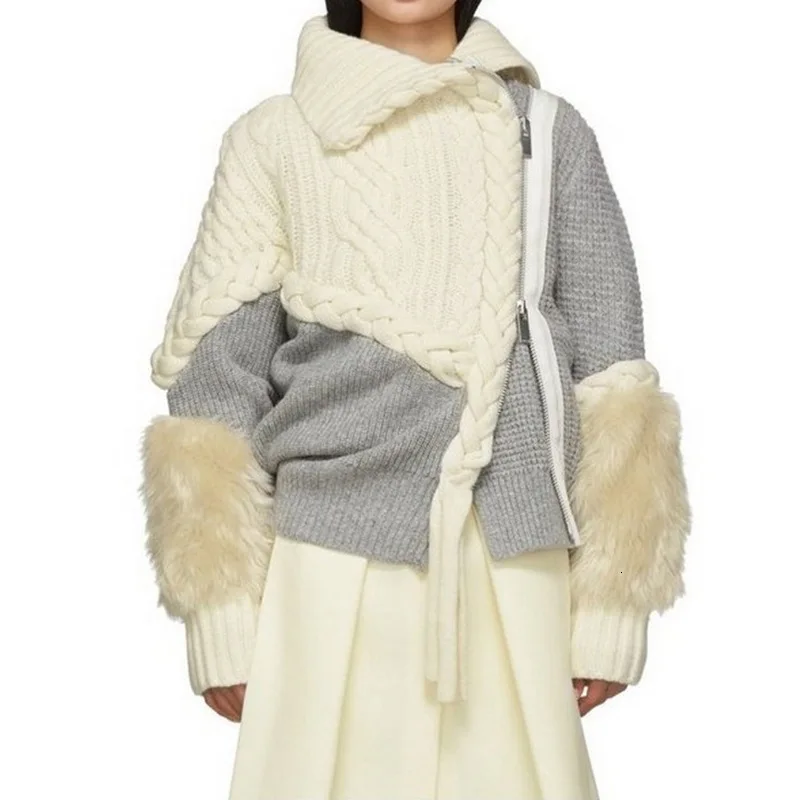 Водолазка свитер женский Асимметричный цветной блок молния женские свитеры