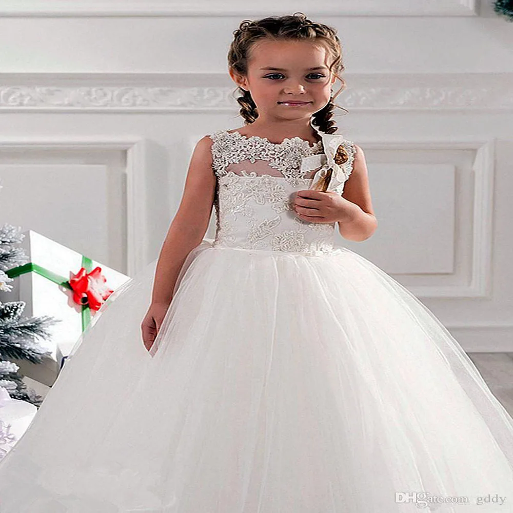 

Cheap Flower Girls Dresses Tulle Lace Top Spaghetti Formal Kids Wear For Party Free Shipping Toddler Gowns