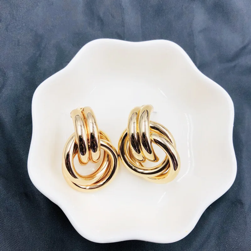 Stylish geometric earrings simple round double layer pendant gold metal big party holiday decorations | Украшения и аксессуары