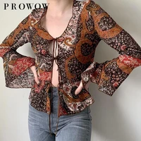 prowow 2021 new autumn dress retro printing bump color gauze with small horn sleeve cardigan fashion brown coat