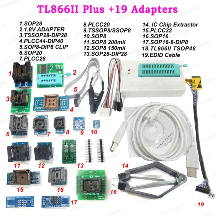 TL866II Plus 19Items Minipro TL866II плюс USB Универсальный программатор поддержка NAND Flash AVR MCU GAL PIC SPI+ 25 Адаптеры с Зажим для экстрактора - Цвет: TL866II Plus 19Items
