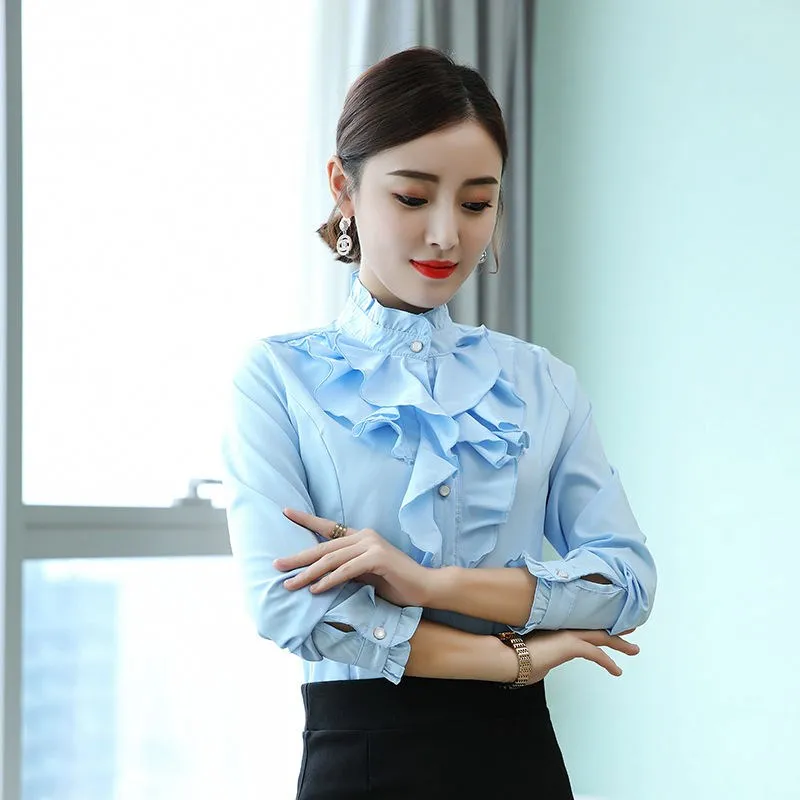 

Victorian Womens Tops High Neck Ruffles Long Sleeve Frill Solid Color Shirt OL Office Frilly Cuffs Blouse Autumn Tops Womens Hot