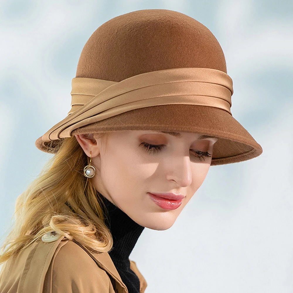 Женская фетровая шляпа-Колокол FS шляпа из верблюжьей шерсти с лентой черного и